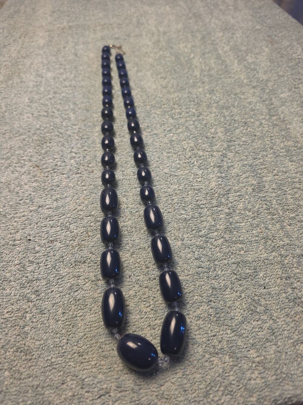 Vintage Navy Blue Graduated Bead Necklace 30" Chunky Oval Statement Resin
